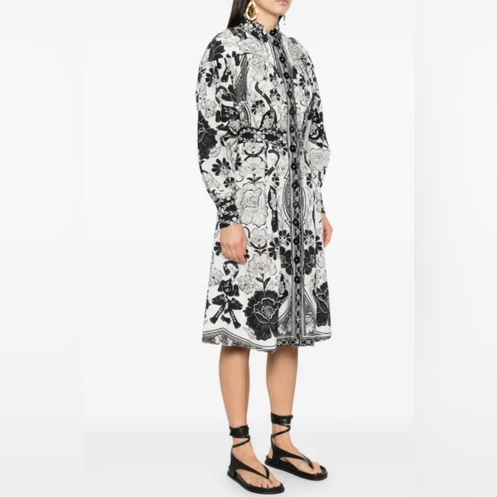NWT FARM Rio Floral Long Sleeve Dress Size M Collared Cotton Leopards Off White